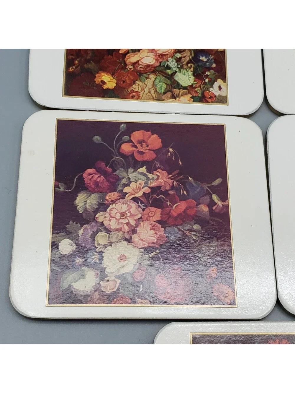 Vintage Paper Backed Coasters Antique Floral Arrangements Set of 5